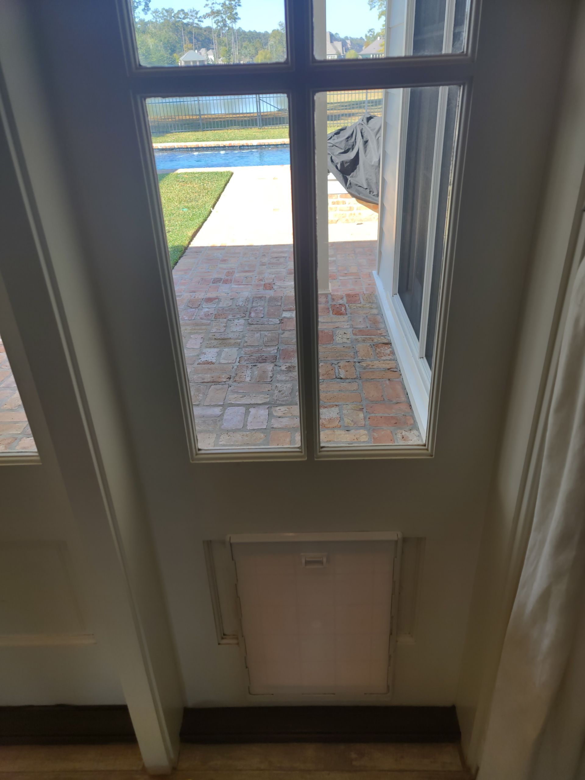 A dog door is built into a glass door.