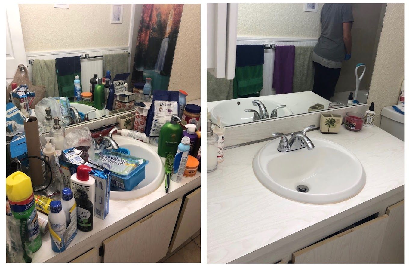 A before and after photo of a bathroom with a sink and mirror.