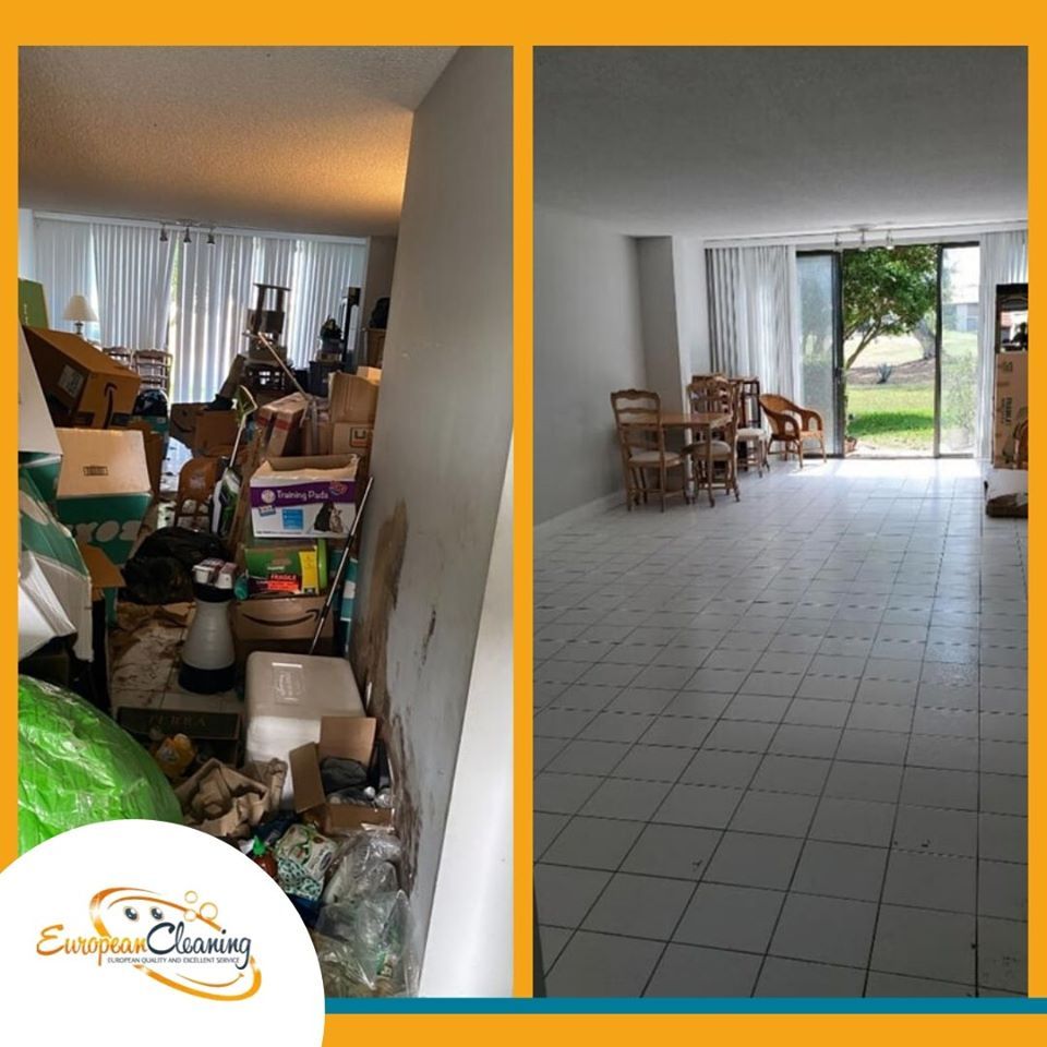 A before and after photo of a living room and dining room