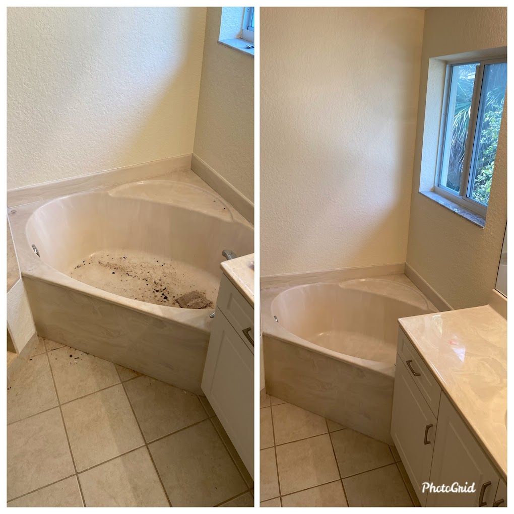 A before and after photo of a bathtub in a bathroom.