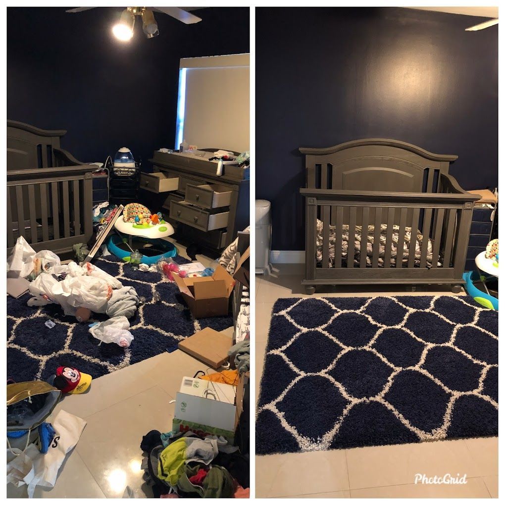 A before and after photo of a messy room with a crib.