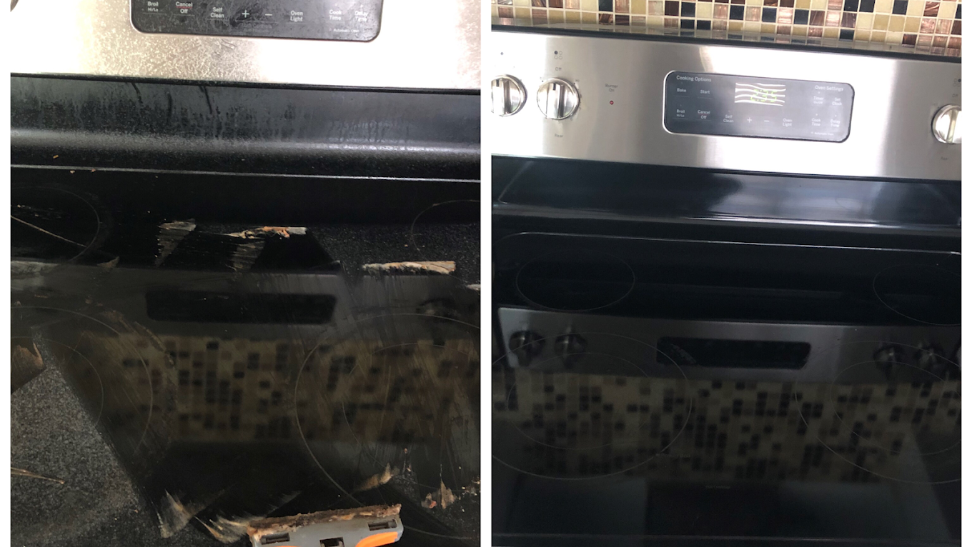 A before and after picture of a stainless steel oven.