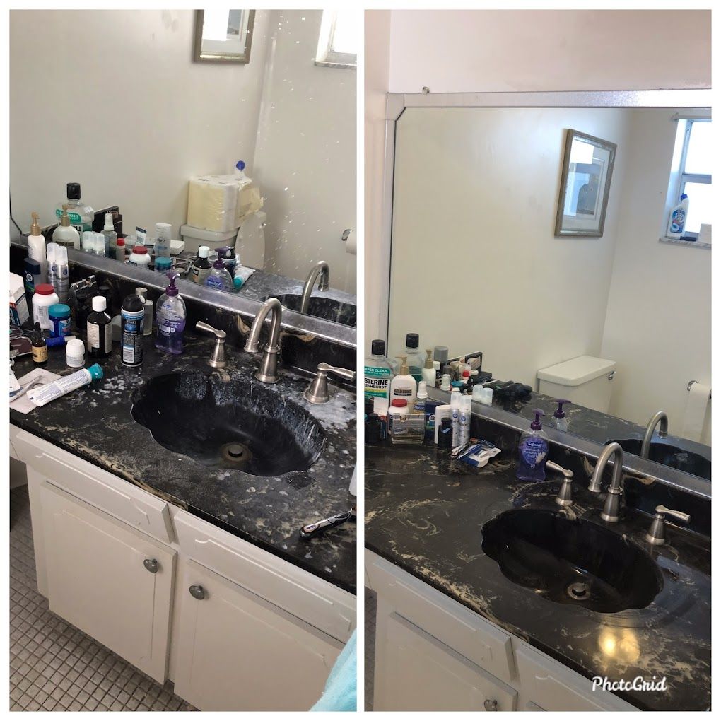 A before and after photo of a bathroom sink and mirror.