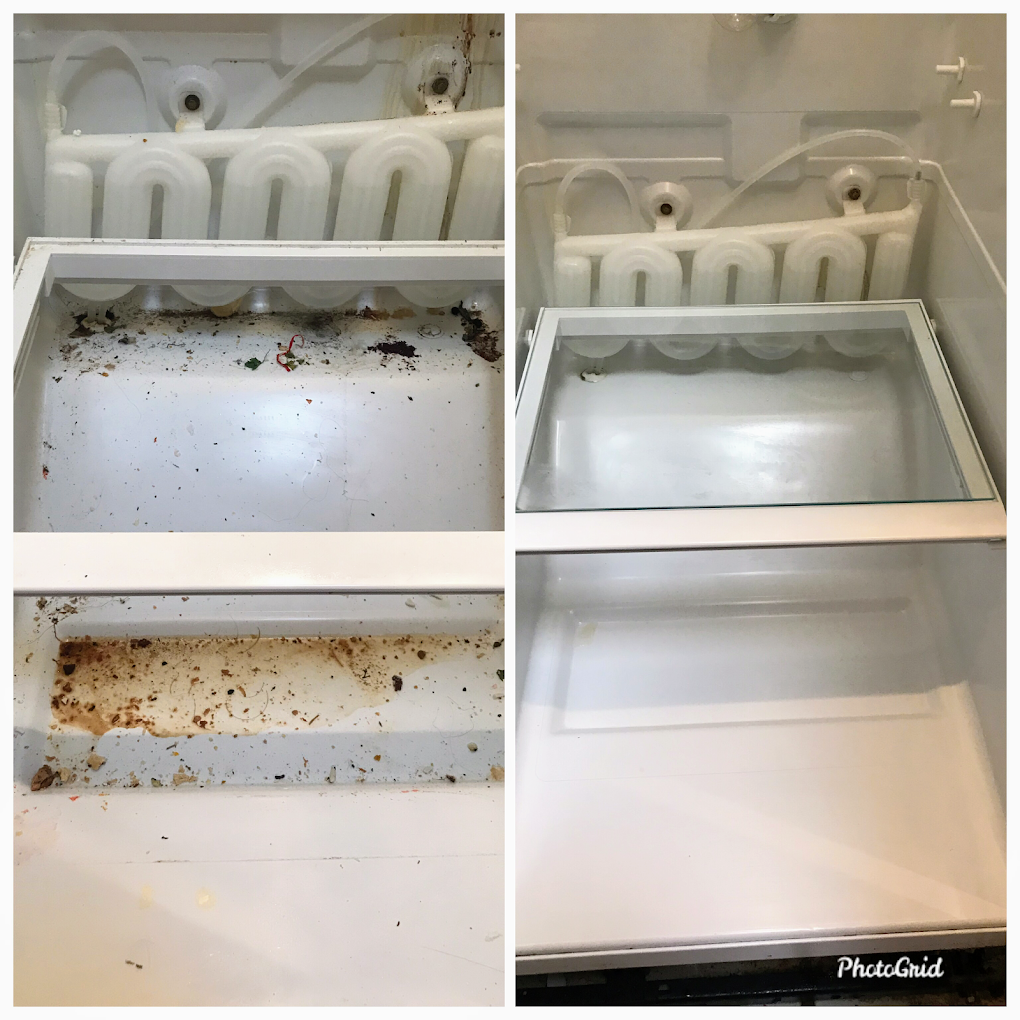 A before and after photo of a dirty refrigerator