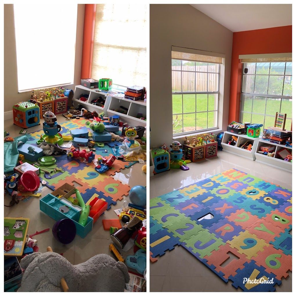 A before and after photo of a child 's play room filled with toys.