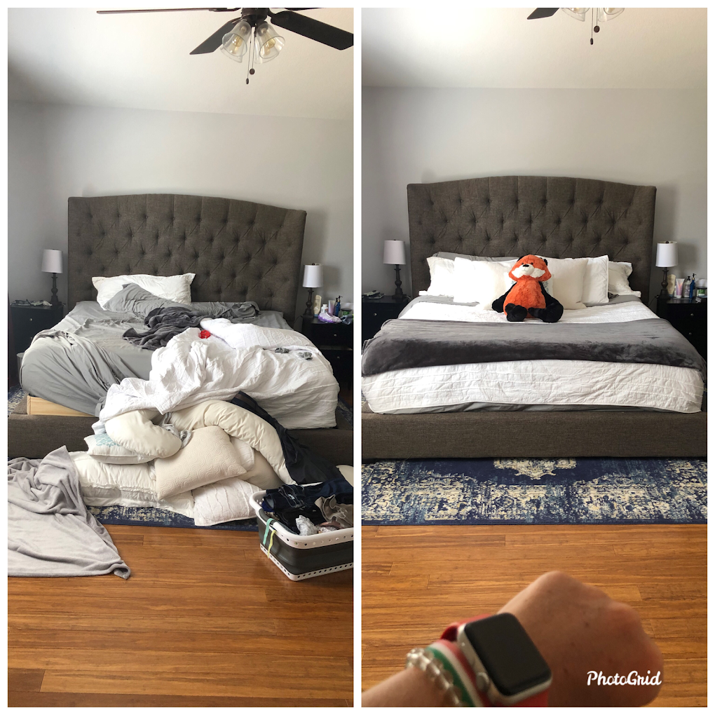 A before and after photo of a bedroom with a teddy bear on the bed.