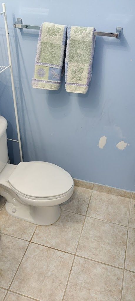 A bathroom with a toilet and two towels hanging on the wall.