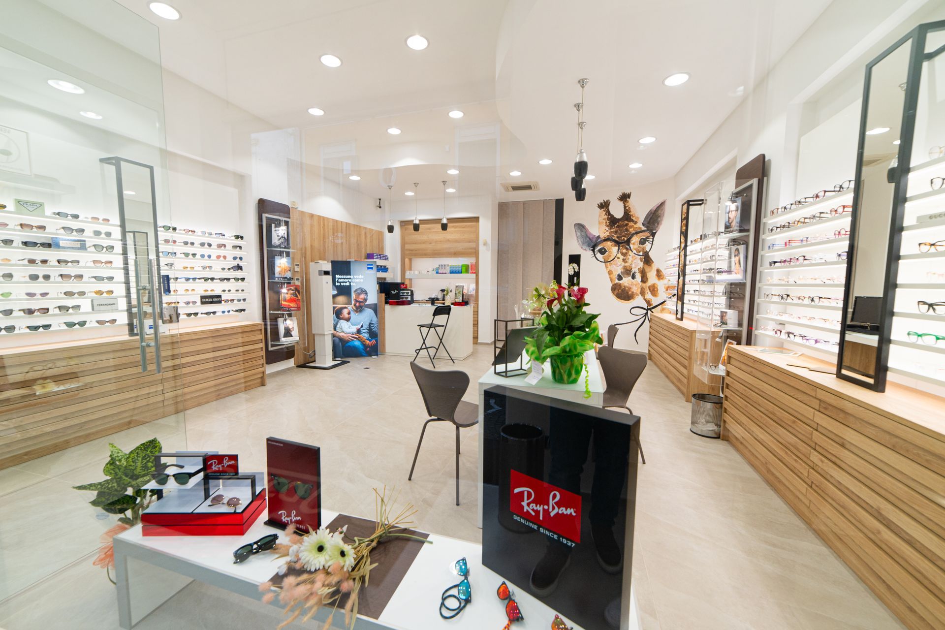 Interno di un negozio di ottica con espositori di occhiali e un murale raffigurante una giraffa.