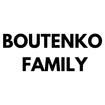 A black and white logo for boutenko family on a white background.