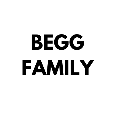 A black and white logo for the begg family.