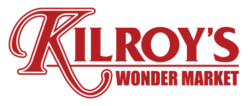 A red and white logo for kilroy 's wonder market