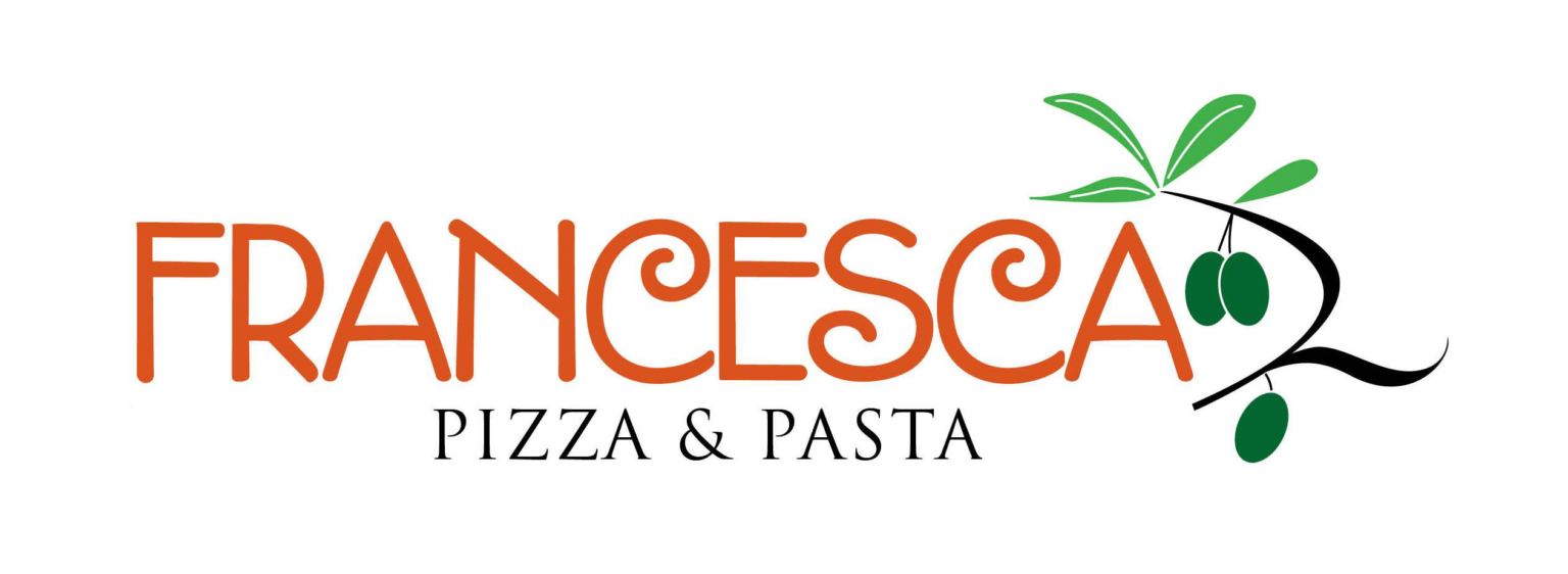 A logo for francesca pizza and pasta with an olive branch