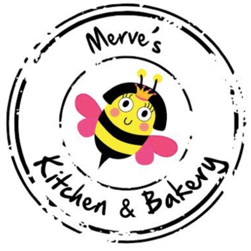 The logo for merve 's kitchen and bakery has a bee with a crown on its head.