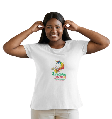 A woman wearing a white t-shirt that says unicorn lemonade