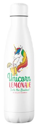A stainless steel water bottle with a unicorn drinking a lemonade.
