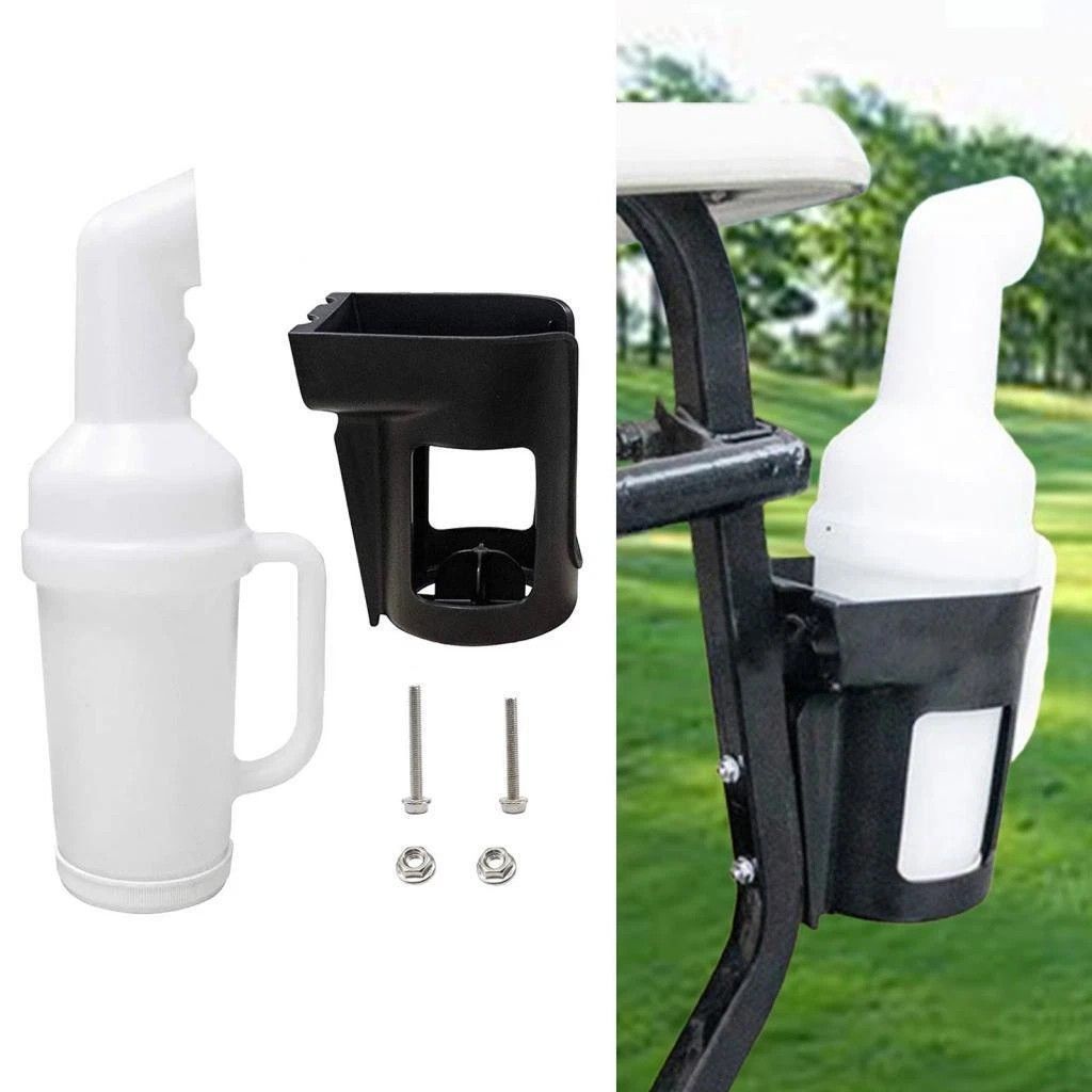 White Golf Cart Water Bottle With Black Holder Installed On A Cart — Buggies & Batteries in Hidden Valley, QLD