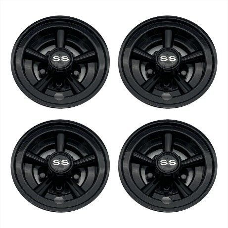 Four Black Car Wheels With Ss Center Caps — Buggies & Batteries in Hidden Valley, QLD