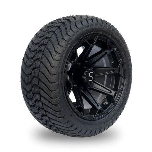 Black Golf Cart Tire With Black Rim, Diagonal Tread Pattern — Buggies & Batteries in Hidden Valley, QLD