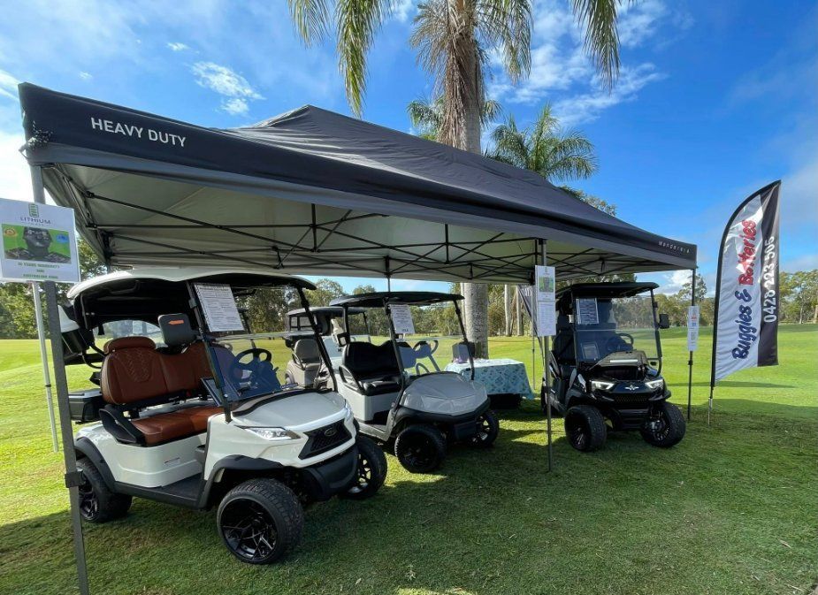 A Group of Golf Carts Are Parked — Buggies & Batteries in Hidden Valley, QLD