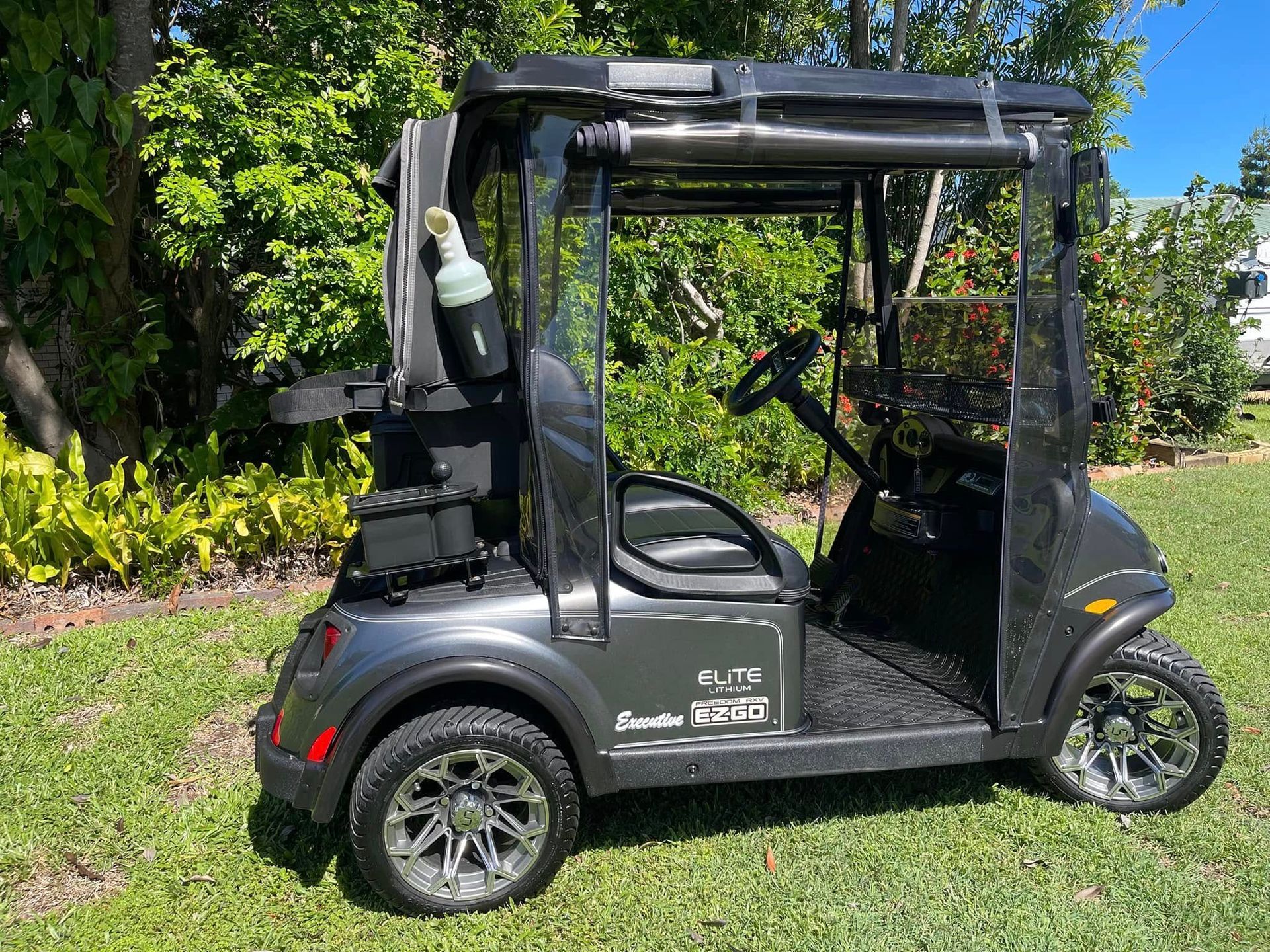 Dark Gray Golf Cart With Chrome Wheels — Buggies & Batteries in Hidden Valley, QLD