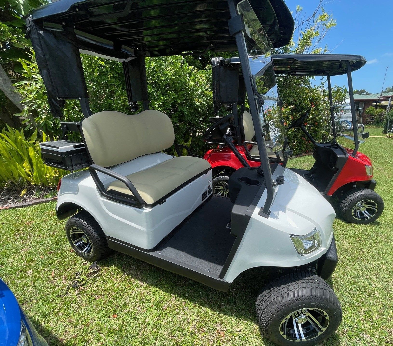 White Golf Cart With Black Canopy — Buggies & Batteries in Hidden Valley, QLD