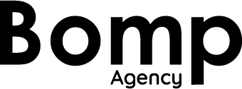 Un logotipo en blanco y negro para una empresa llamada Bomp Agency.