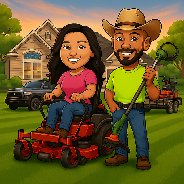 A couple posing with lawn equipment in front of a house; woman in a mower, man with a trimmer, both smiling.