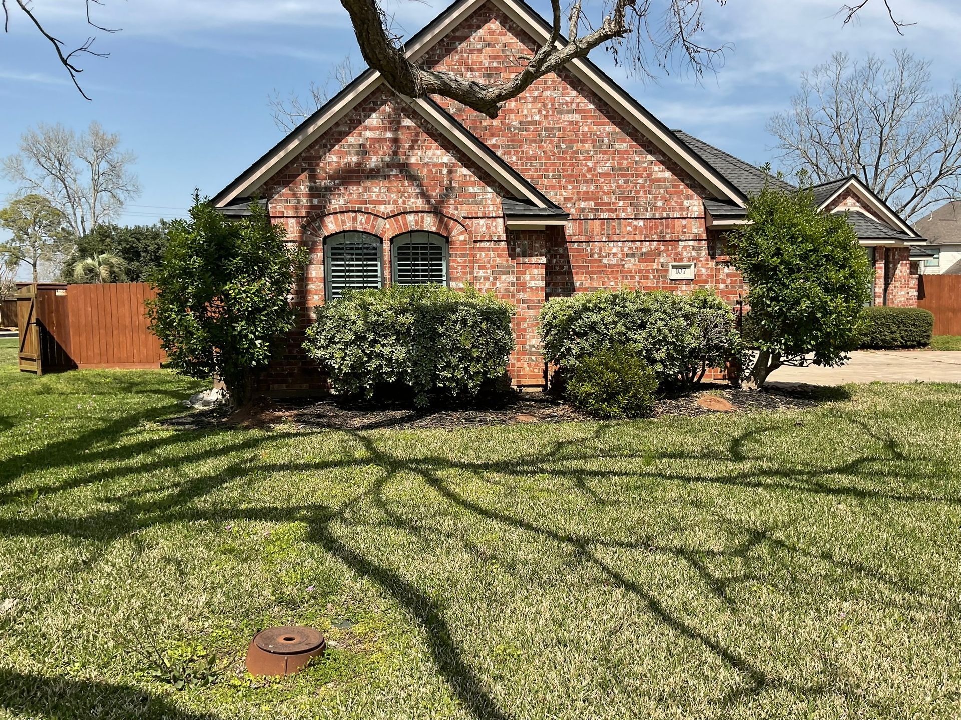 Brick house with green bushes, a lawn, and a tree casting a shadow on the grass under a blue sky.