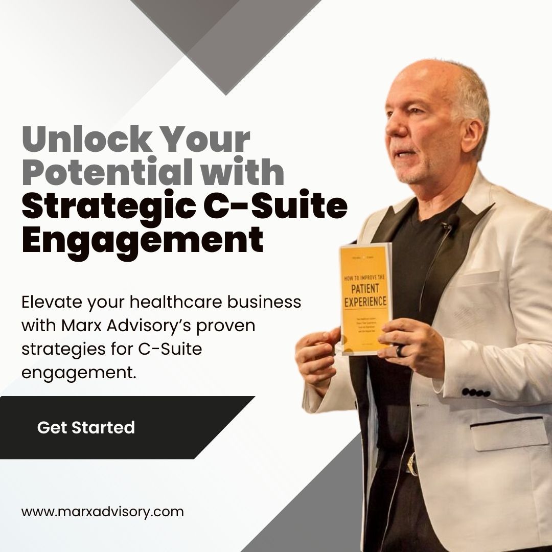 Man holding a book, promoting strategic C-Suite engagement for healthcare businesses. Includes a call to action button.