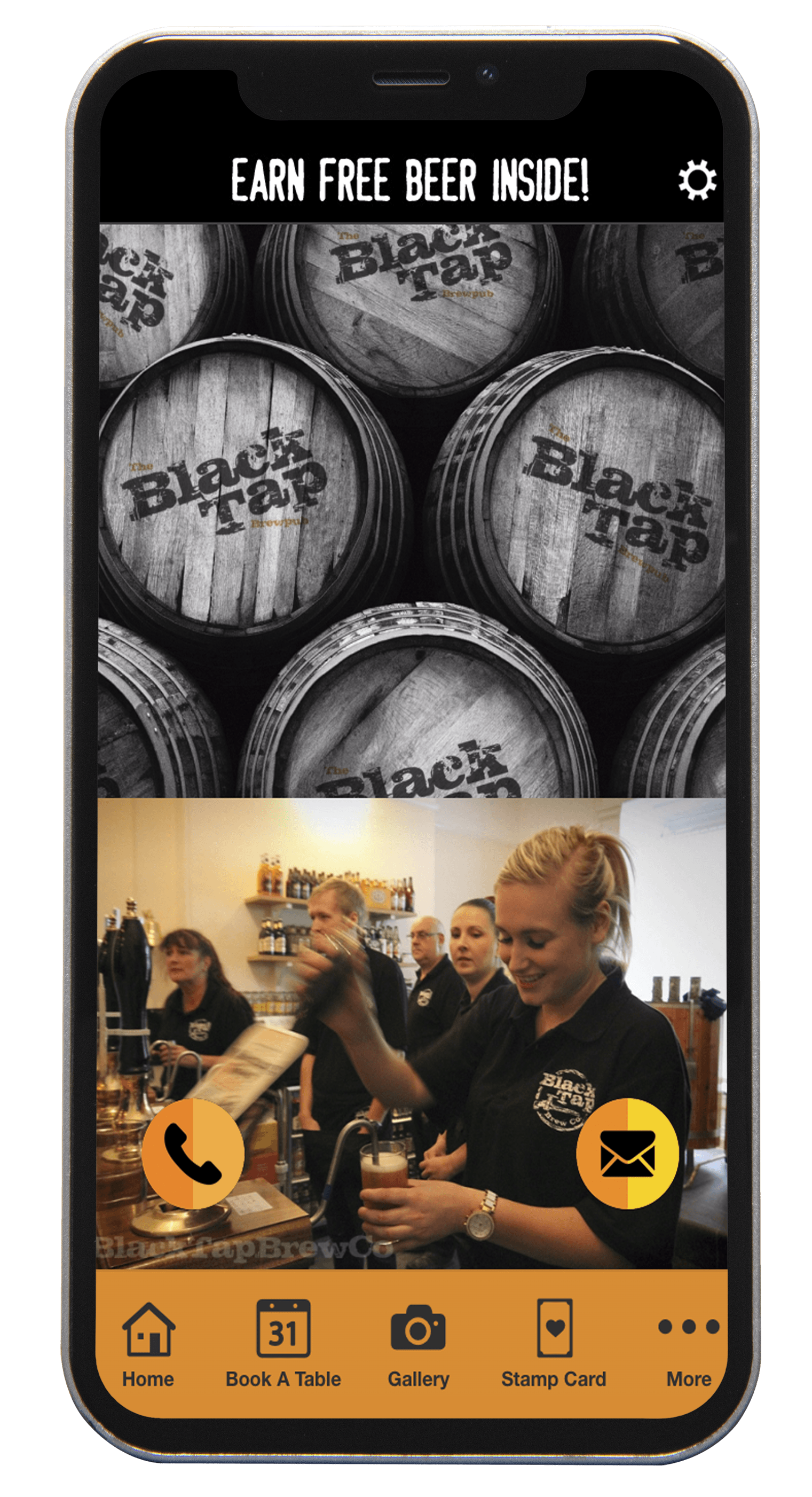 Black Tap Brewing app showcasing beer barrels and a bartender pouring a beer.