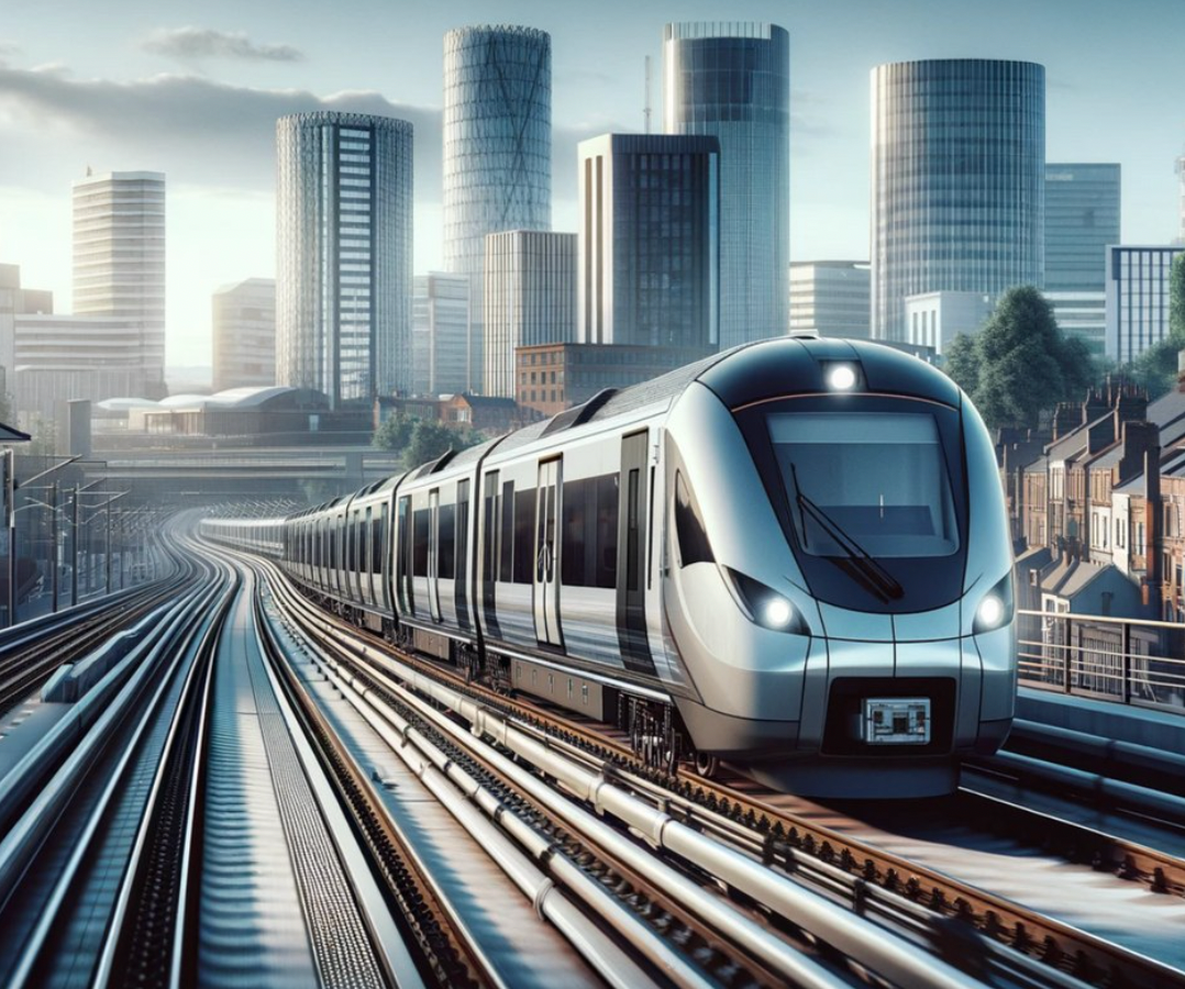 Modern train speeding along tracks toward a city skyline with tall buildings.