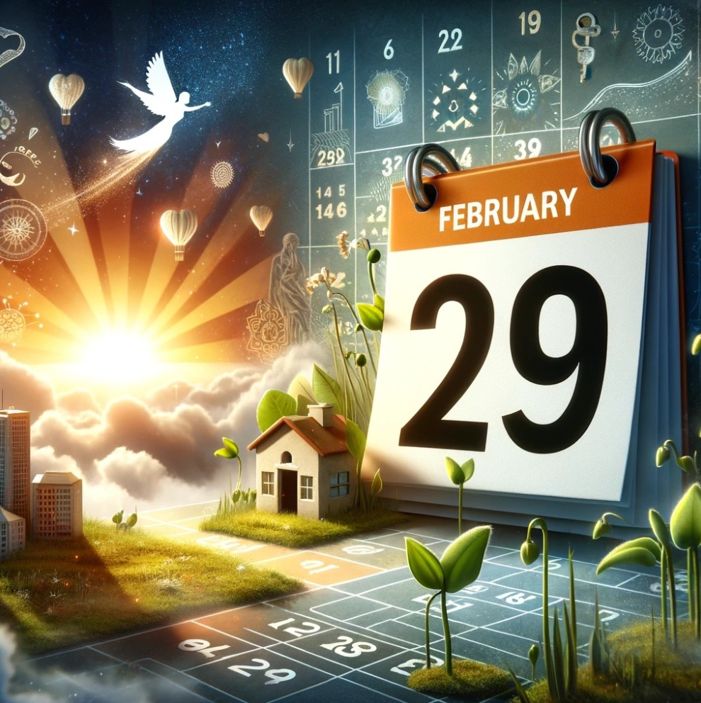 A calendar showing February 29th with a fantasy scene: a sunburst, flying angel, balloons, and sprouting plants.