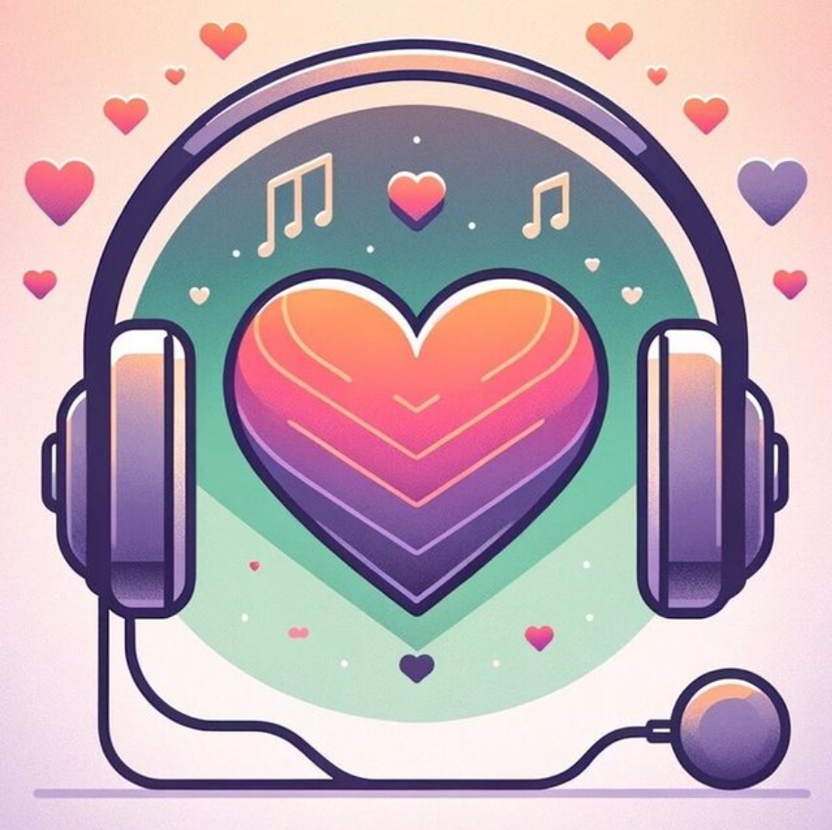 Headphones with a heart in the center, surrounded by musical notes and hearts.