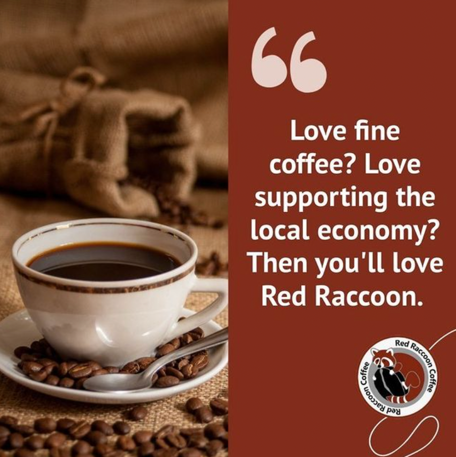 White coffee cup with coffee and beans. Text: 