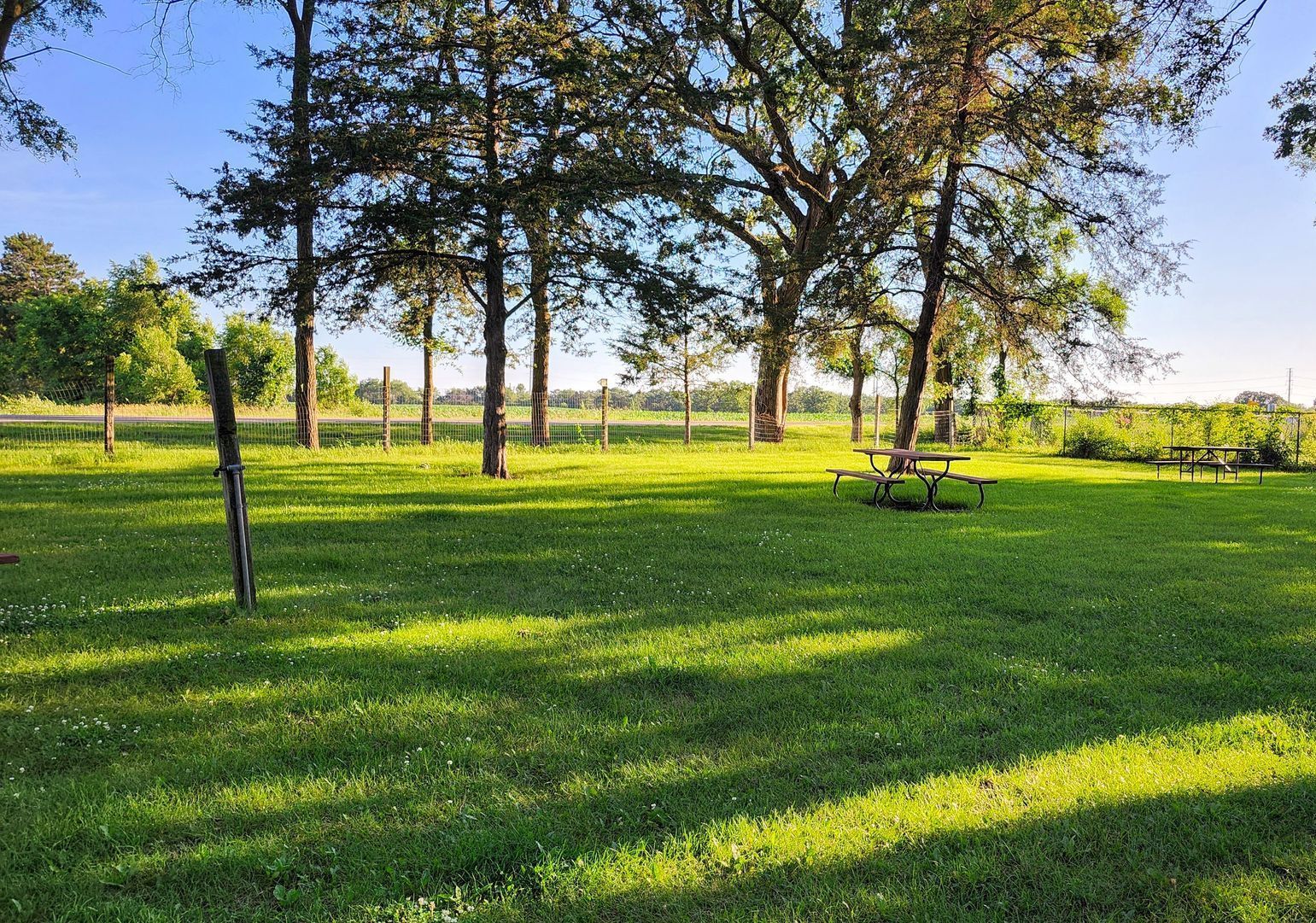 There is a picnic table in the middle of the grass.