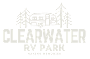 The logo for clearwater rv park shows a camper and trees.