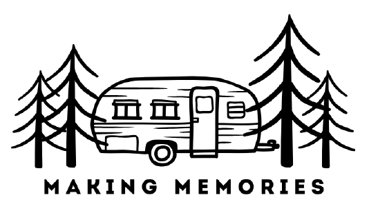A black and white logo for making memories with a trailer and trees.