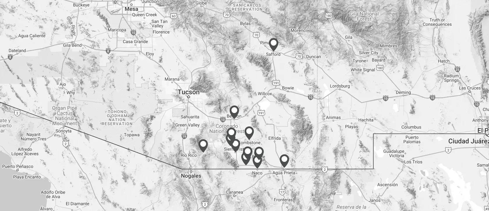 A black and white map with a lot of dots on it