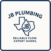 Logo for JB Plumbing featuring Texas outline, water drop with "JB" inside, and tagline "Reliable Flow. Expert Hands."