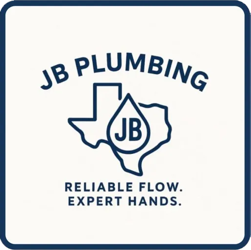 Logo for JB Plumbing featuring Texas outline, water drop with "JB" inside, and tagline "Reliable Flow. Expert Hands."
