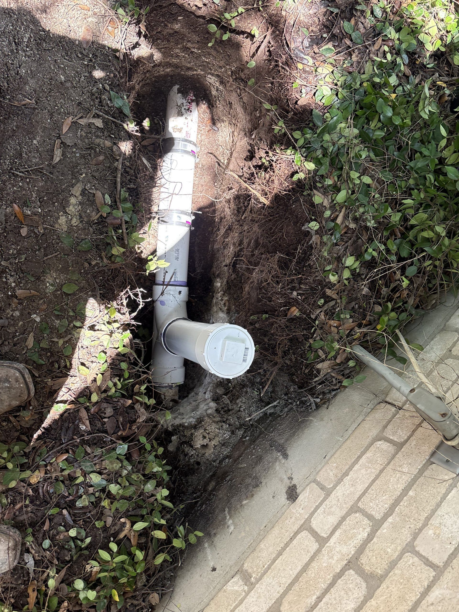 White pipes in a ditch next to a brick surface and foliage; ground is bare earth.