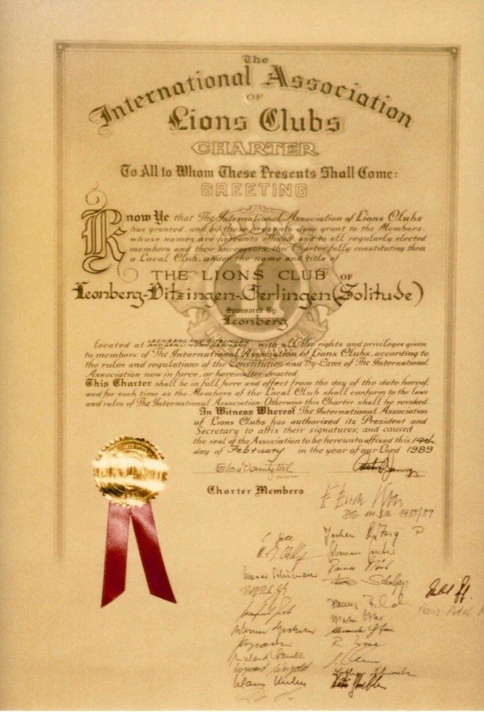 Ein Zertifikat der Internationalen Vereinigung der Lions Clubs