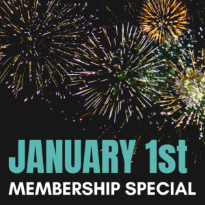 Fireworks over text that reads