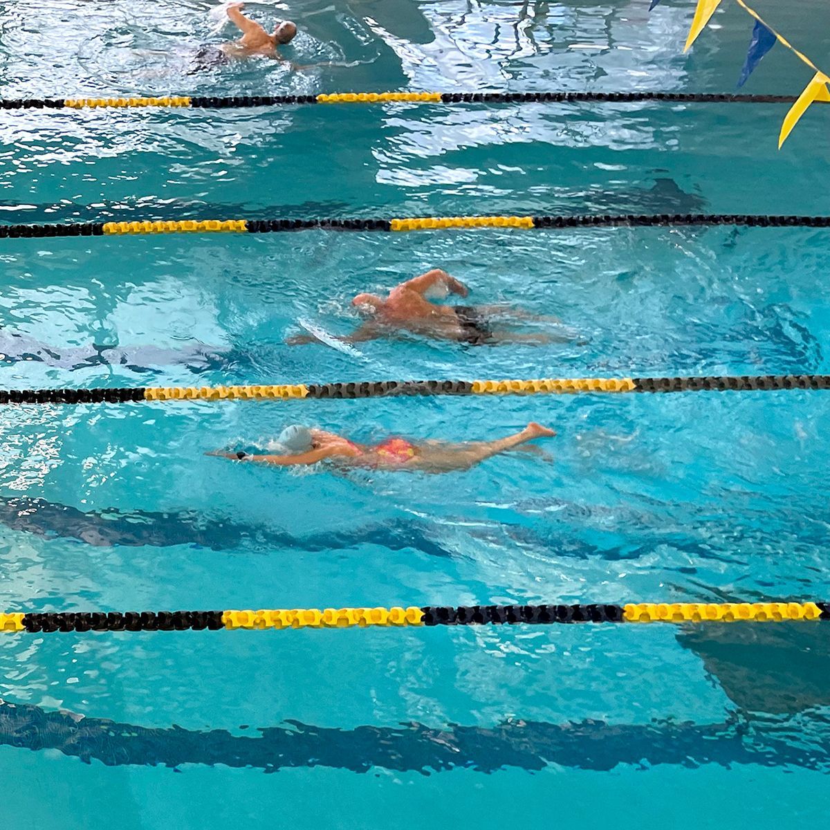 Swimmers in a pool, doing the freestyle stroke. Yellow lane markers, light blue water.