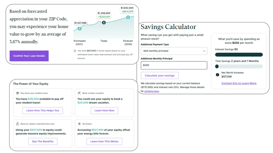 Financial website with savings calculator, home value graph, and service links.