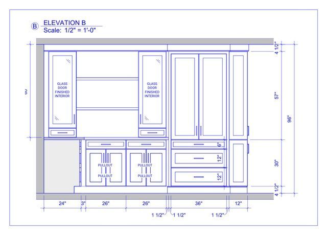Blueprint elevation view of a built-in cabinetry unit, including cabinets, drawers, and shelving.