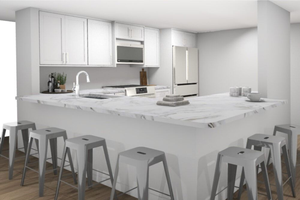 Modern white kitchen with marble countertop island and gray metal stools.