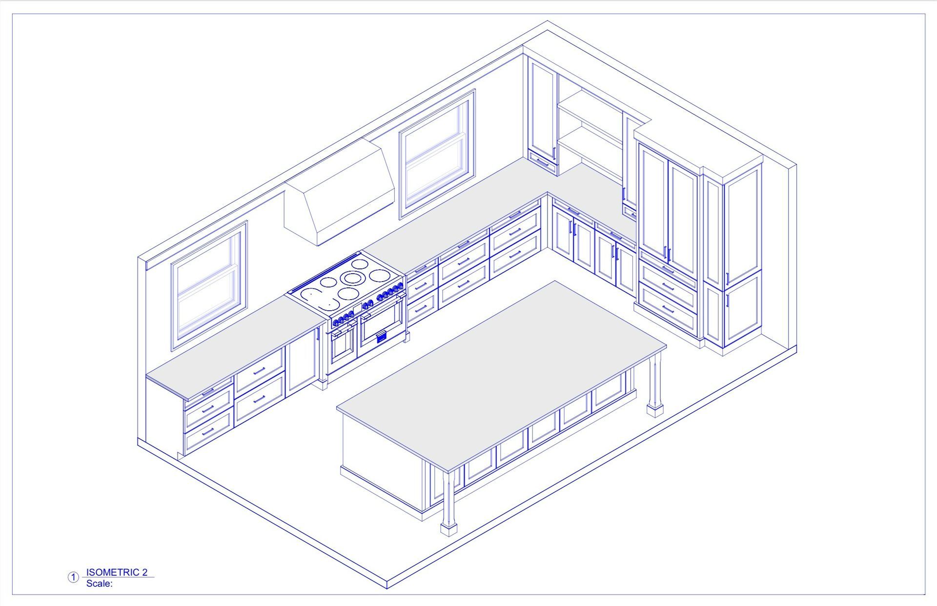 Isometric blueprint of a modern kitchen with island, cabinets, stove, range hood, and two windows.