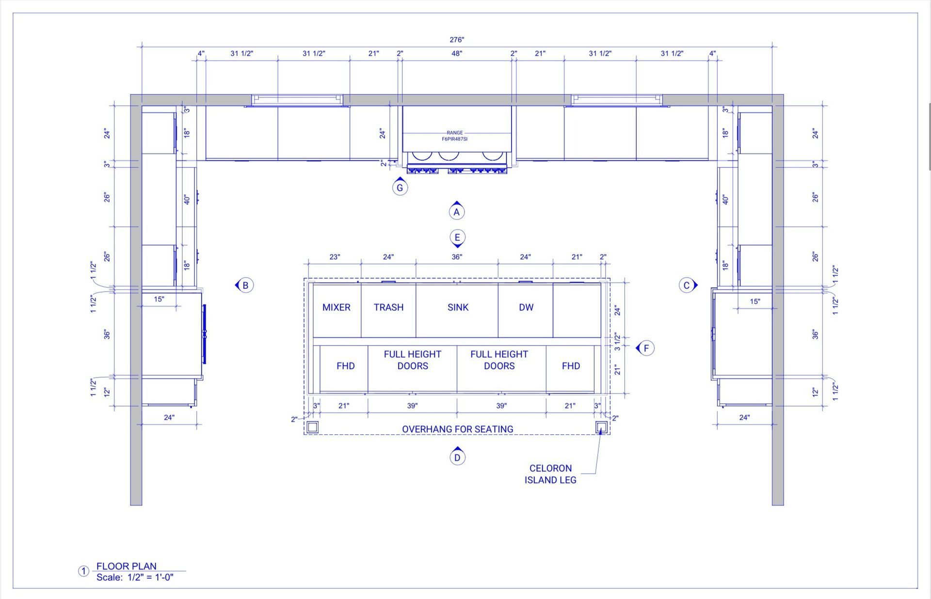 Blueprint of a kitchen layout, showcasing cabinetry, island, and appliances. Top-down view with dimensions.