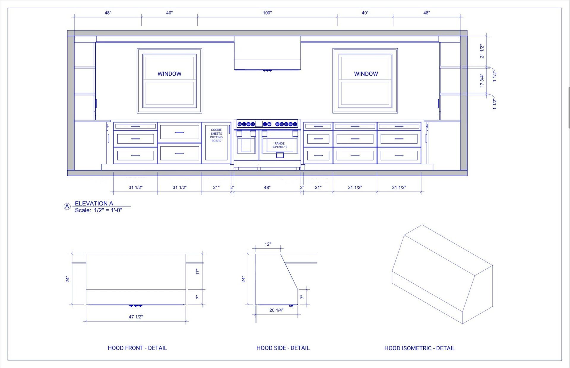 Blueprint of a kitchen wall with cabinets, range, and hood, plus dimensional drawings of a countertop and other elements.